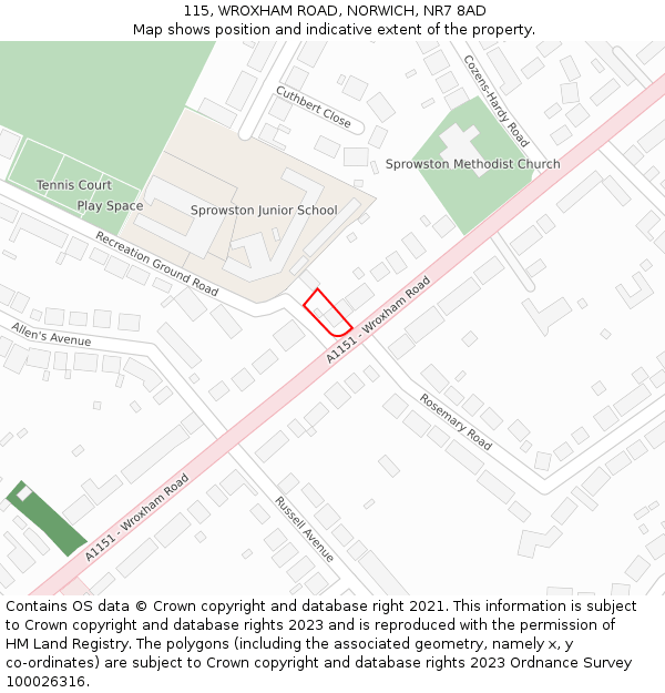 115, WROXHAM ROAD, NORWICH, NR7 8AD: Location map and indicative extent of plot