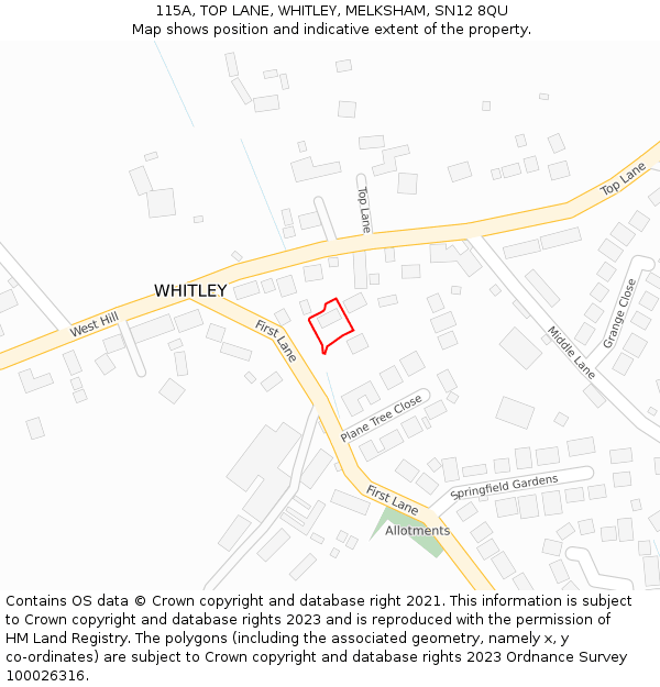 115A, TOP LANE, WHITLEY, MELKSHAM, SN12 8QU: Location map and indicative extent of plot