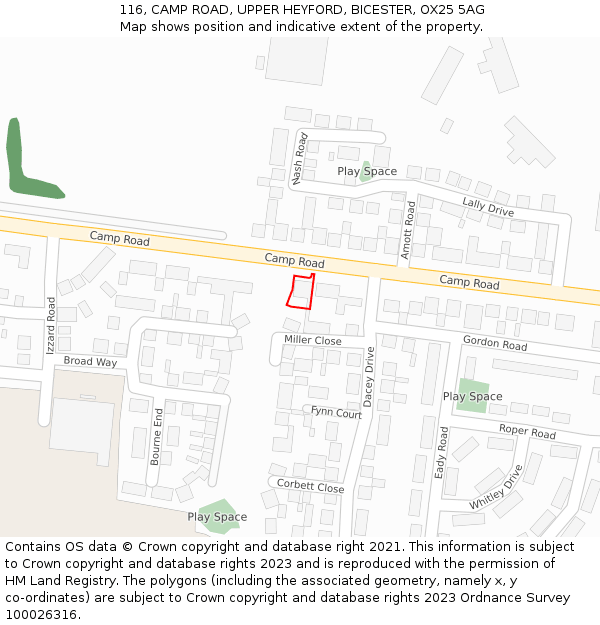 116, CAMP ROAD, UPPER HEYFORD, BICESTER, OX25 5AG: Location map and indicative extent of plot