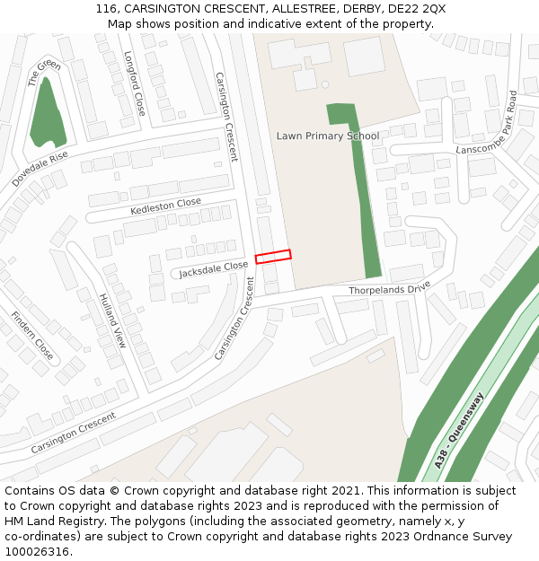 116, CARSINGTON CRESCENT, ALLESTREE, DERBY, DE22 2QX: Location map and indicative extent of plot