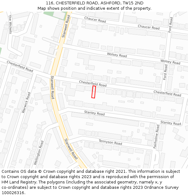 116, CHESTERFIELD ROAD, ASHFORD, TW15 2ND: Location map and indicative extent of plot