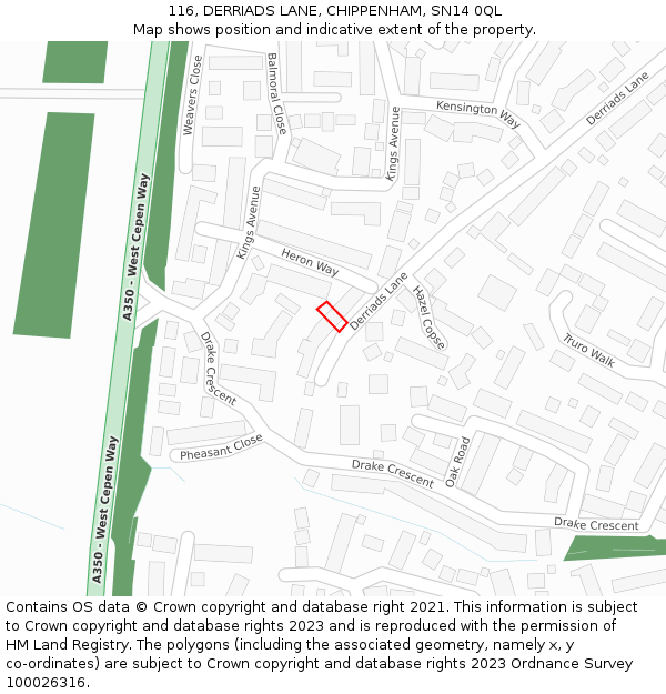 116, DERRIADS LANE, CHIPPENHAM, SN14 0QL: Location map and indicative extent of plot