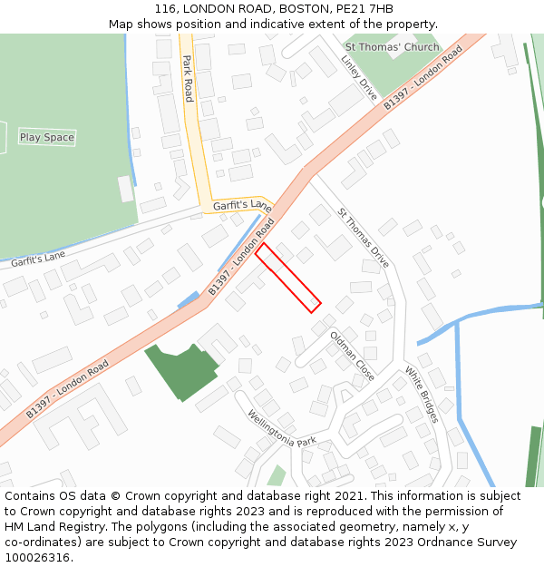 116, LONDON ROAD, BOSTON, PE21 7HB: Location map and indicative extent of plot