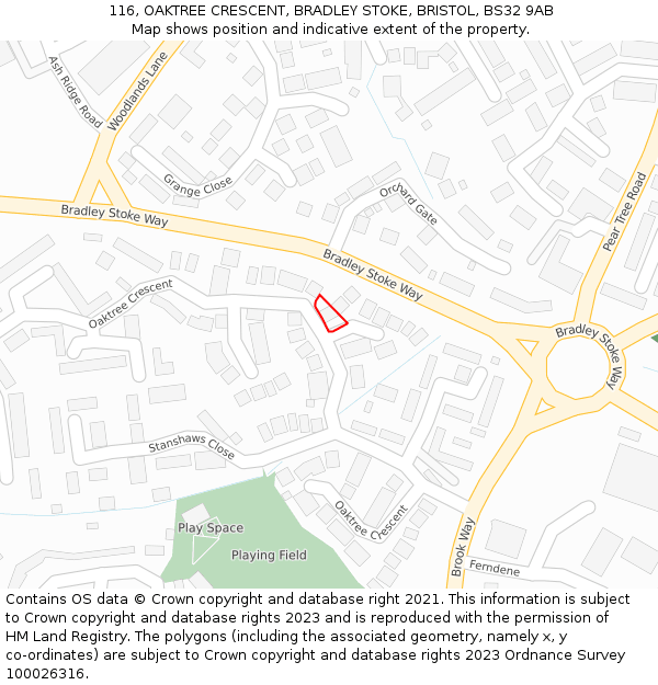 116, OAKTREE CRESCENT, BRADLEY STOKE, BRISTOL, BS32 9AB: Location map and indicative extent of plot