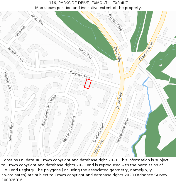 116, PARKSIDE DRIVE, EXMOUTH, EX8 4LZ: Location map and indicative extent of plot