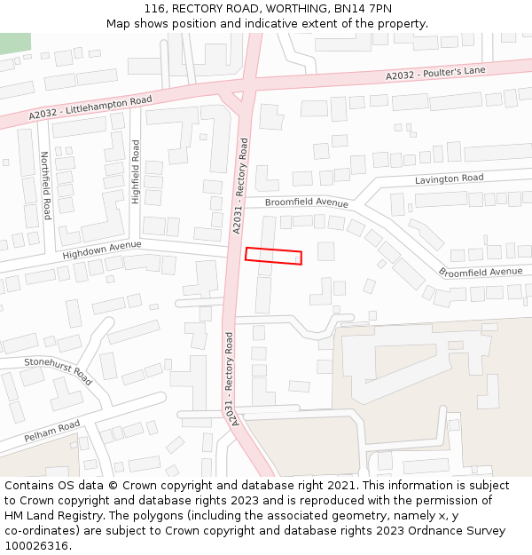 116, RECTORY ROAD, WORTHING, BN14 7PN: Location map and indicative extent of plot
