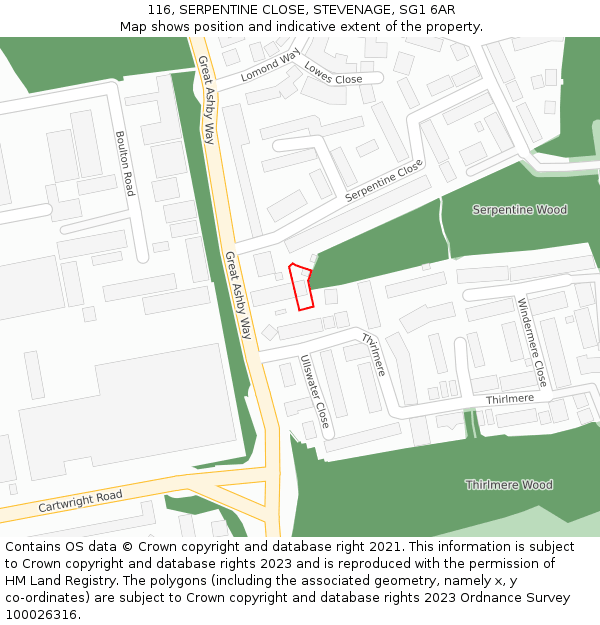 116, SERPENTINE CLOSE, STEVENAGE, SG1 6AR: Location map and indicative extent of plot