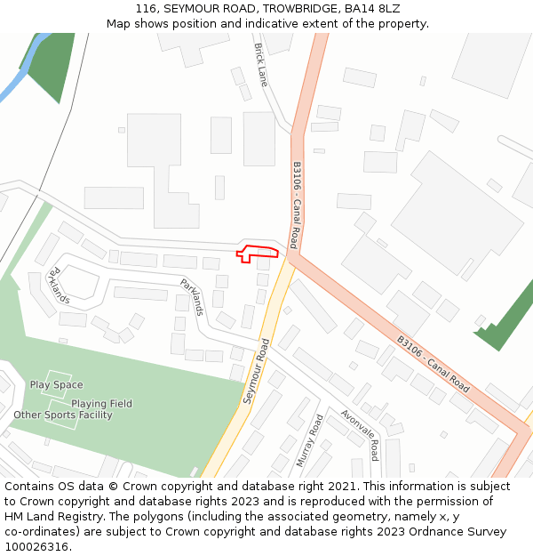 116, SEYMOUR ROAD, TROWBRIDGE, BA14 8LZ: Location map and indicative extent of plot