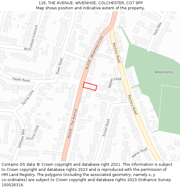 116, THE AVENUE, WIVENHOE, COLCHESTER, CO7 9PP: Location map and indicative extent of plot