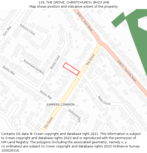 116, THE GROVE, CHRISTCHURCH, BH23 2HE: Location map and indicative extent of plot