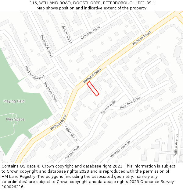 116, WELLAND ROAD, DOGSTHORPE, PETERBOROUGH, PE1 3SH: Location map and indicative extent of plot