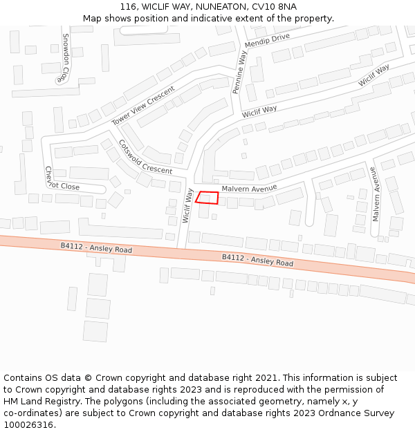 116, WICLIF WAY, NUNEATON, CV10 8NA: Location map and indicative extent of plot