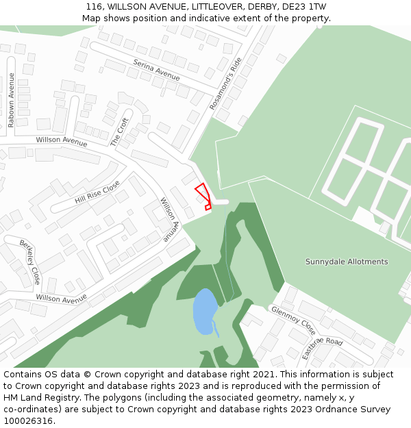 116, WILLSON AVENUE, LITTLEOVER, DERBY, DE23 1TW: Location map and indicative extent of plot
