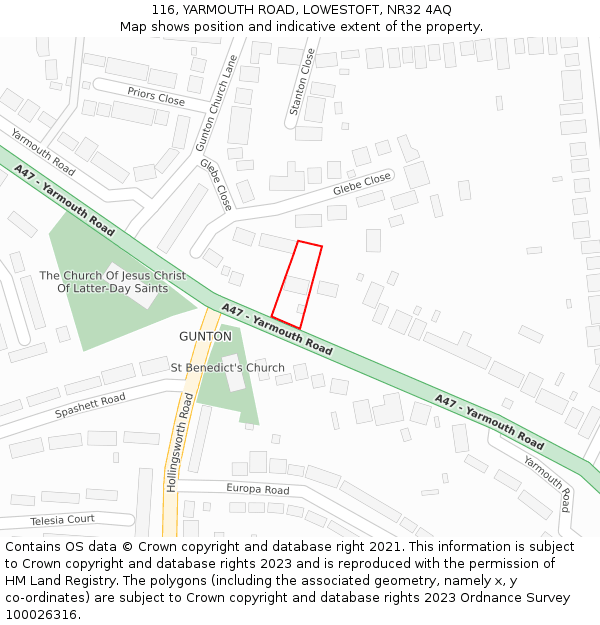 116, YARMOUTH ROAD, LOWESTOFT, NR32 4AQ: Location map and indicative extent of plot