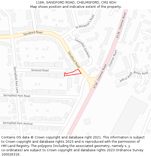 116A, SANDFORD ROAD, CHELMSFORD, CM2 6DH: Location map and indicative extent of plot
