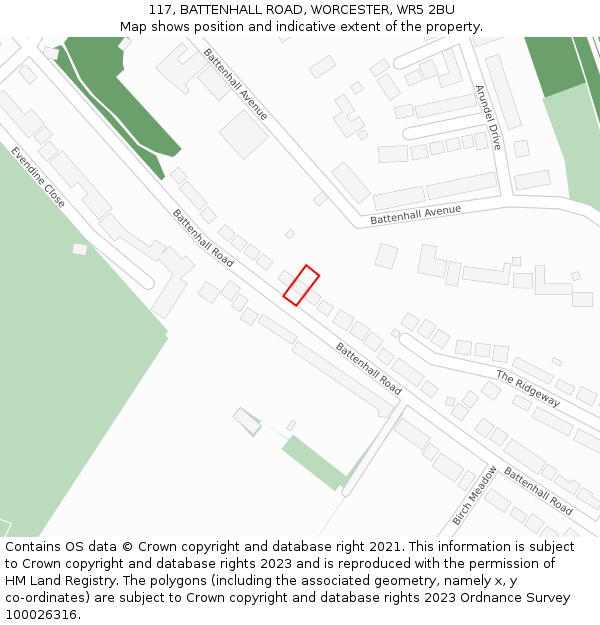 117, BATTENHALL ROAD, WORCESTER, WR5 2BU: Location map and indicative extent of plot