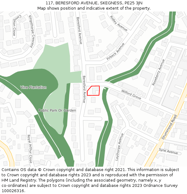 117, BERESFORD AVENUE, SKEGNESS, PE25 3JN: Location map and indicative extent of plot