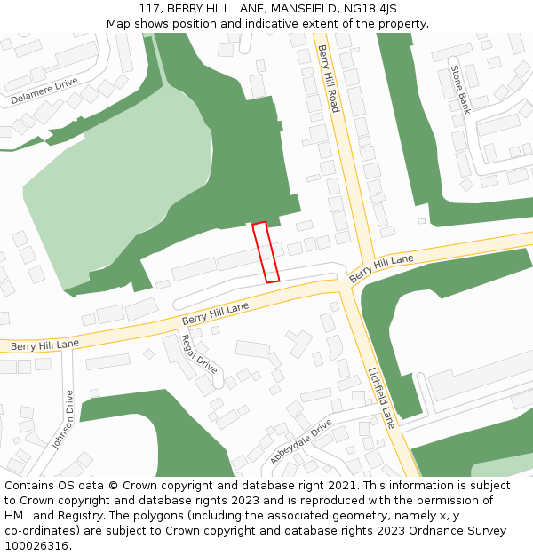 117, BERRY HILL LANE, MANSFIELD, NG18 4JS: Location map and indicative extent of plot