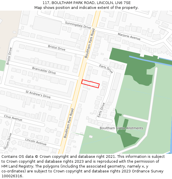 117, BOULTHAM PARK ROAD, LINCOLN, LN6 7SE: Location map and indicative extent of plot