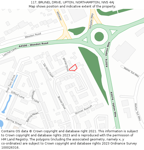 117, BRUNEL DRIVE, UPTON, NORTHAMPTON, NN5 4AJ: Location map and indicative extent of plot