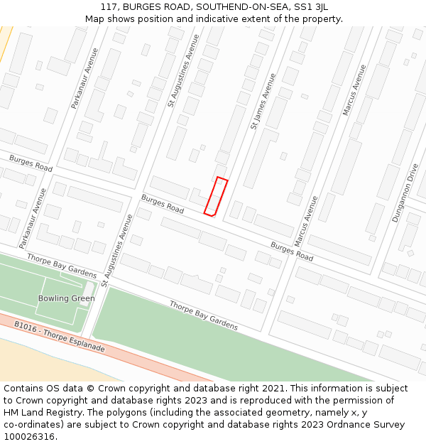 117, BURGES ROAD, SOUTHEND-ON-SEA, SS1 3JL: Location map and indicative extent of plot