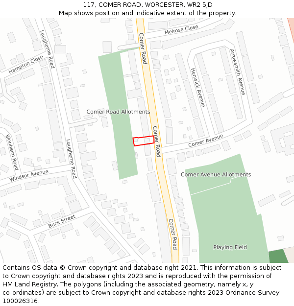117, COMER ROAD, WORCESTER, WR2 5JD: Location map and indicative extent of plot