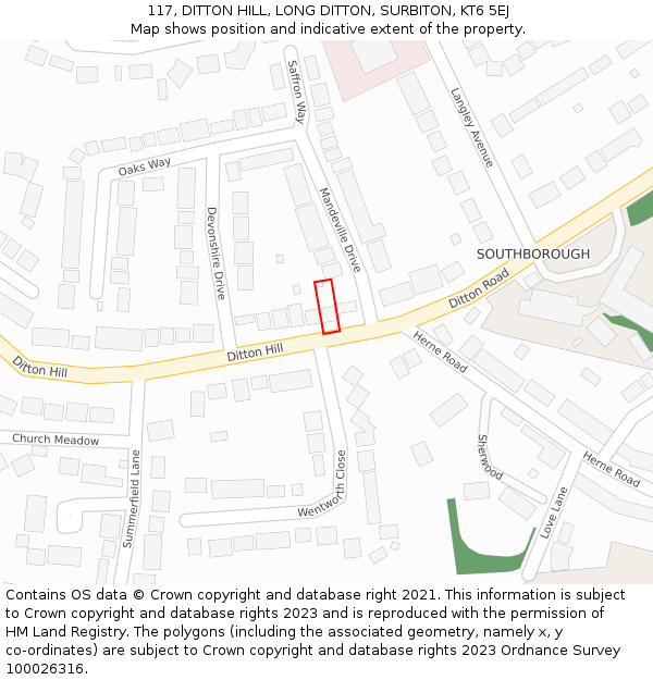 117, DITTON HILL, LONG DITTON, SURBITON, KT6 5EJ: Location map and indicative extent of plot