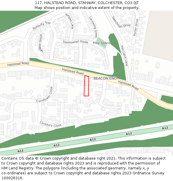 117, HALSTEAD ROAD, STANWAY, COLCHESTER, CO3 0JT: Location map and indicative extent of plot