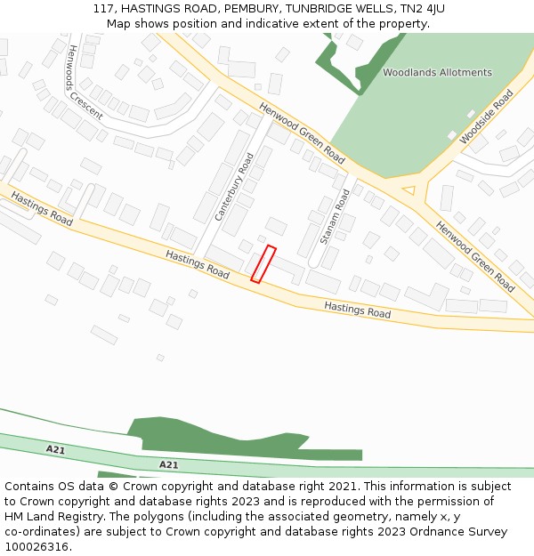 117, HASTINGS ROAD, PEMBURY, TUNBRIDGE WELLS, TN2 4JU: Location map and indicative extent of plot