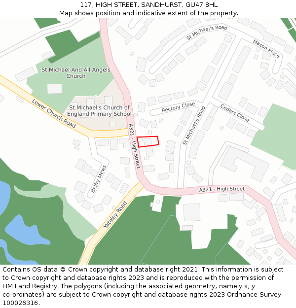117, HIGH STREET, SANDHURST, GU47 8HL: Location map and indicative extent of plot