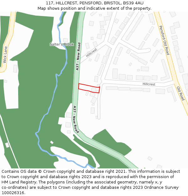 117, HILLCREST, PENSFORD, BRISTOL, BS39 4AU: Location map and indicative extent of plot