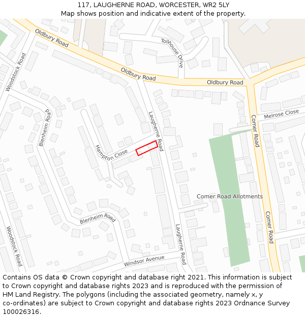 117, LAUGHERNE ROAD, WORCESTER, WR2 5LY: Location map and indicative extent of plot