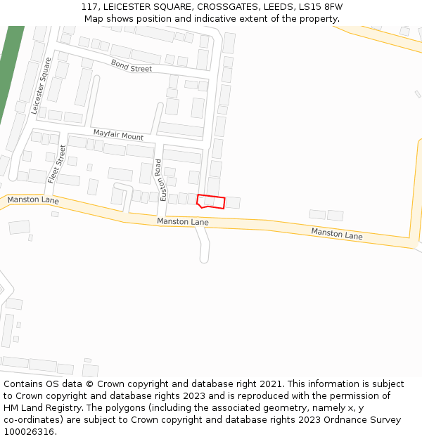 117, LEICESTER SQUARE, CROSSGATES, LEEDS, LS15 8FW: Location map and indicative extent of plot