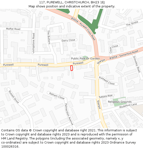 117, PUREWELL, CHRISTCHURCH, BH23 1EJ: Location map and indicative extent of plot