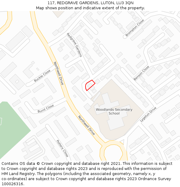 117, REDGRAVE GARDENS, LUTON, LU3 3QN: Location map and indicative extent of plot
