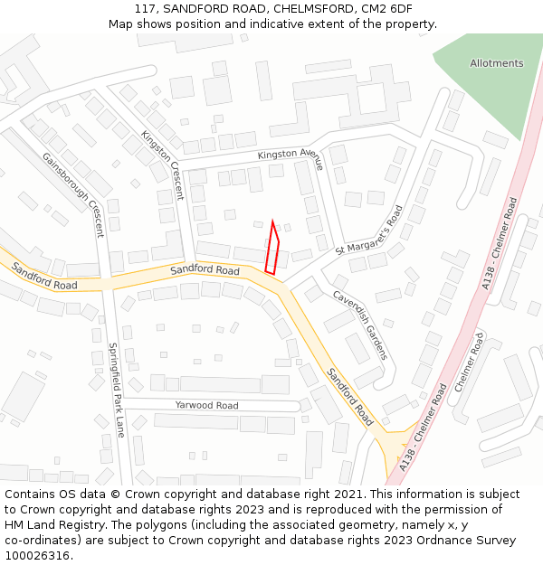 117, SANDFORD ROAD, CHELMSFORD, CM2 6DF: Location map and indicative extent of plot