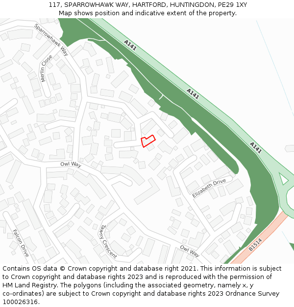 117, SPARROWHAWK WAY, HARTFORD, HUNTINGDON, PE29 1XY: Location map and indicative extent of plot
