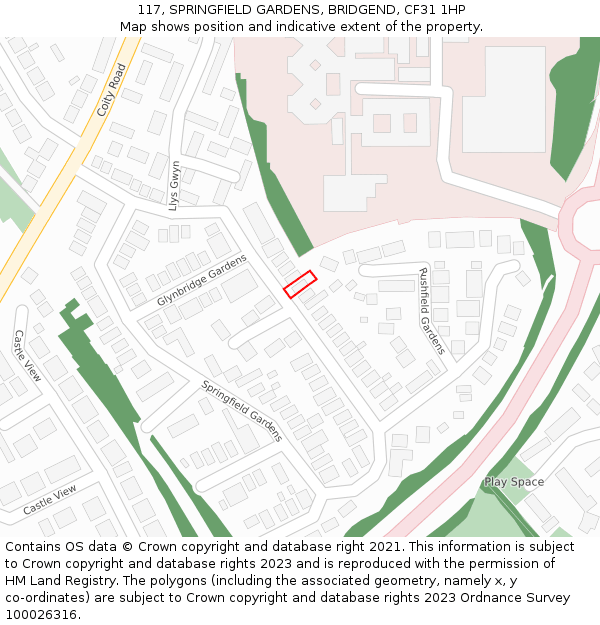 117, SPRINGFIELD GARDENS, BRIDGEND, CF31 1HP: Location map and indicative extent of plot