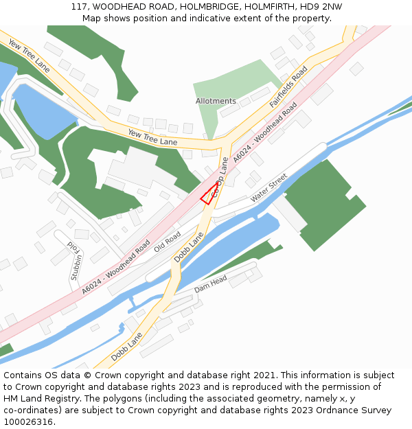 117, WOODHEAD ROAD, HOLMBRIDGE, HOLMFIRTH, HD9 2NW: Location map and indicative extent of plot