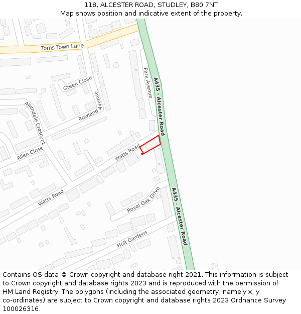 118, ALCESTER ROAD, STUDLEY, B80 7NT: Location map and indicative extent of plot