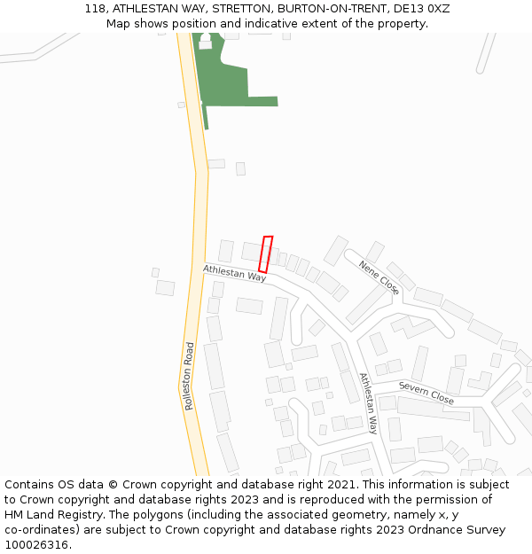 118, ATHLESTAN WAY, STRETTON, BURTON-ON-TRENT, DE13 0XZ: Location map and indicative extent of plot