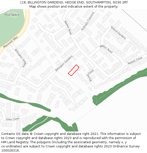 118, BILLINGTON GARDENS, HEDGE END, SOUTHAMPTON, SO30 2RT: Location map and indicative extent of plot