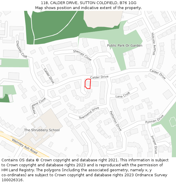118, CALDER DRIVE, SUTTON COLDFIELD, B76 1GG: Location map and indicative extent of plot