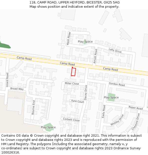 118, CAMP ROAD, UPPER HEYFORD, BICESTER, OX25 5AG: Location map and indicative extent of plot