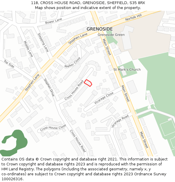 118, CROSS HOUSE ROAD, GRENOSIDE, SHEFFIELD, S35 8RX: Location map and indicative extent of plot
