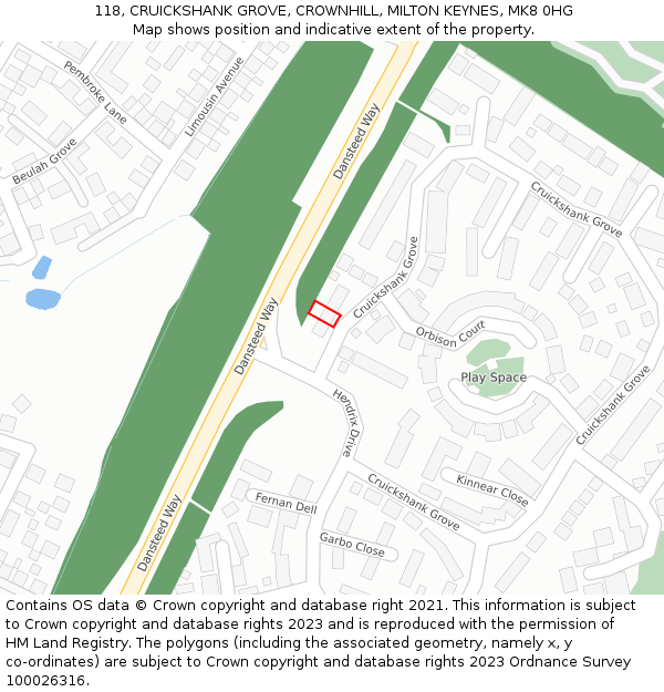 118, CRUICKSHANK GROVE, CROWNHILL, MILTON KEYNES, MK8 0HG: Location map and indicative extent of plot