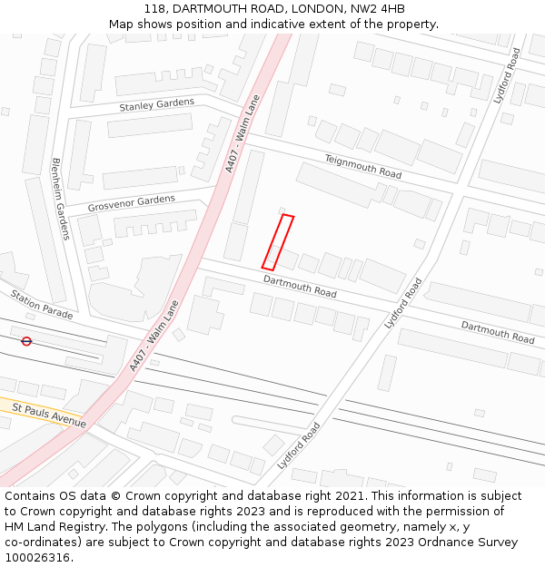 118, DARTMOUTH ROAD, LONDON, NW2 4HB: Location map and indicative extent of plot
