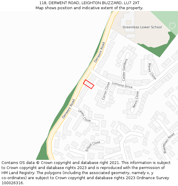 118, DERWENT ROAD, LEIGHTON BUZZARD, LU7 2XT: Location map and indicative extent of plot