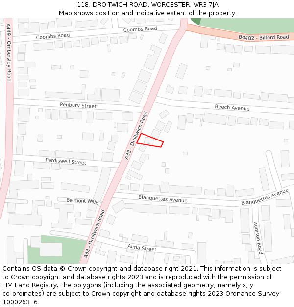 118, DROITWICH ROAD, WORCESTER, WR3 7JA: Location map and indicative extent of plot