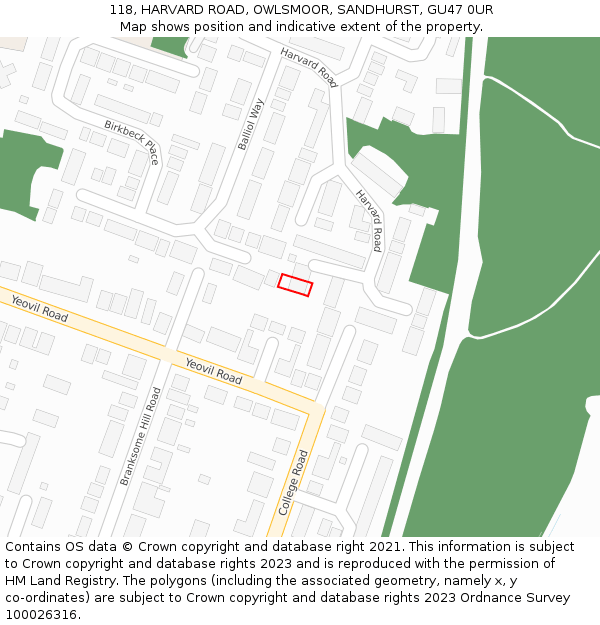 118, HARVARD ROAD, OWLSMOOR, SANDHURST, GU47 0UR: Location map and indicative extent of plot